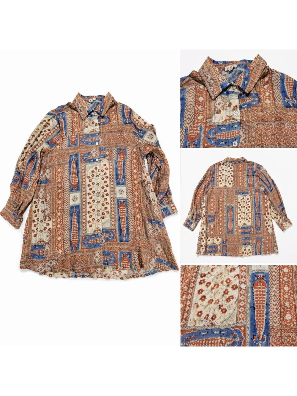 POL Clothing Button Up Top Tunic Oversized Crazy Print Floral Geometric Pattern